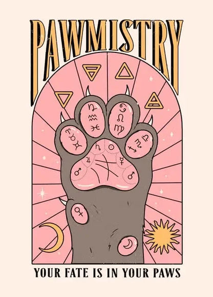 Cartoon paw with astrological symbols on a pink background with 'PAWMISTRY' text.