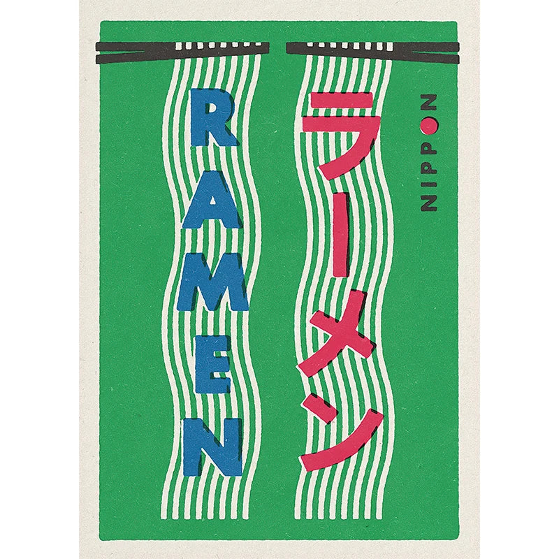 Ramen-themed product packaging with green background and text