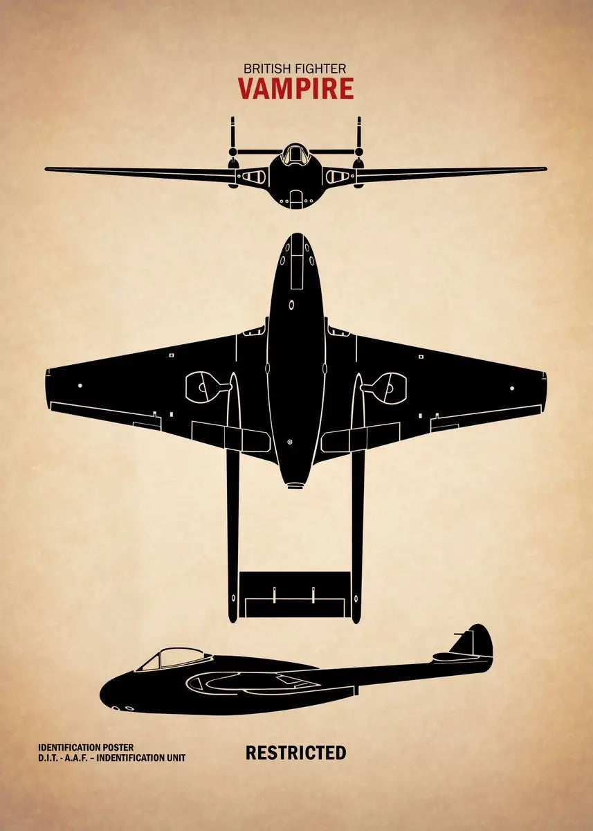 Black silhouette of a British fighter plane on a beige background with text