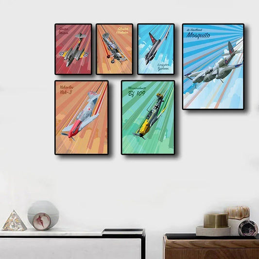 Set of six framed airplane posters on a wall with decorative items below. Canvas & Curio