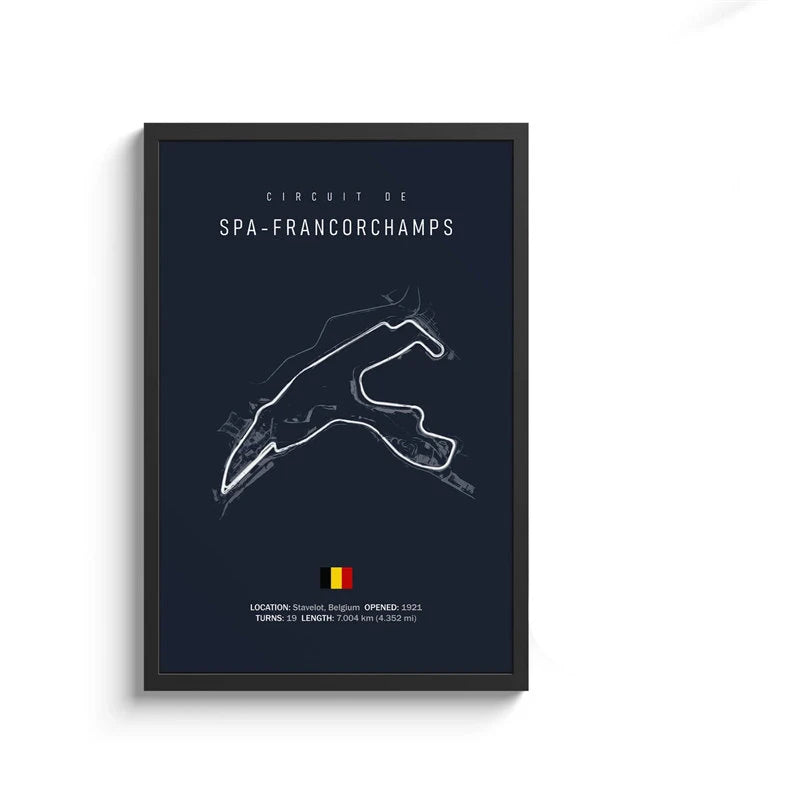 Framed poster of Spa-Francorchamps race track layout on a dark blue background