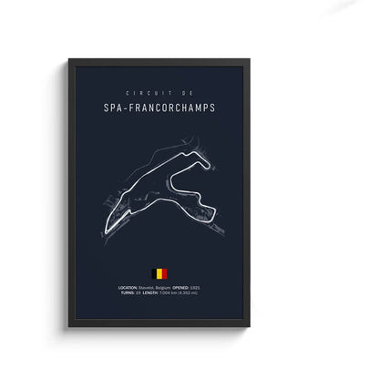 Framed poster of Spa-Francorchamps race track layout on a dark blue background
