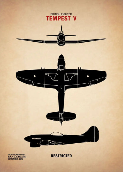 Black silhouette of a British fighter Tempest V on a beige background