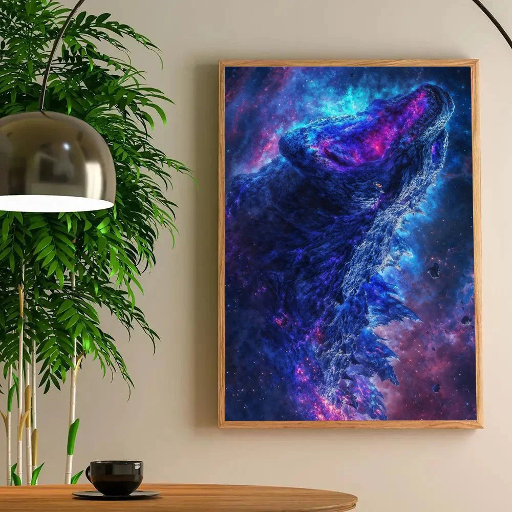 Framed artwork of a dragon-like creature in a blue color scheme on a wall with a plant and lamp in the foreground.