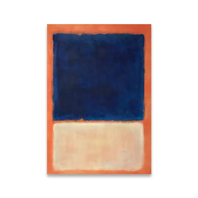 Abstract art piece with blue and orange sections on a white background