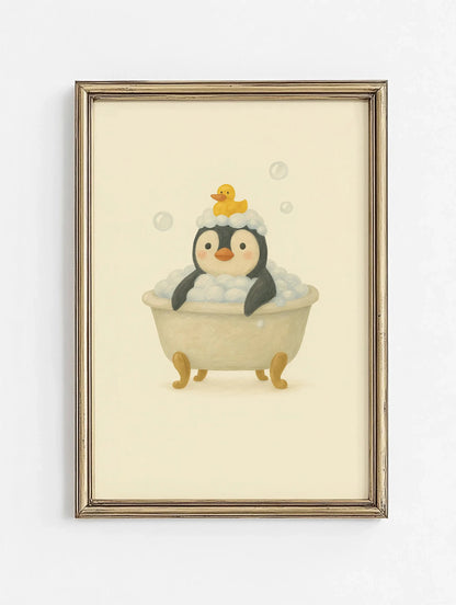 Framed artwork of a penguin taking a bath with a rubber duck on a beige background