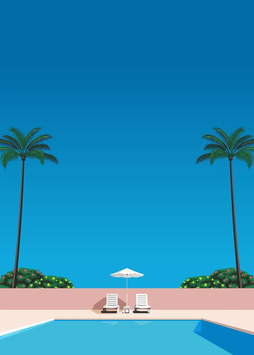 Pool area with two lounge chairs and an umbrella under a clear blue sky with palm trees.