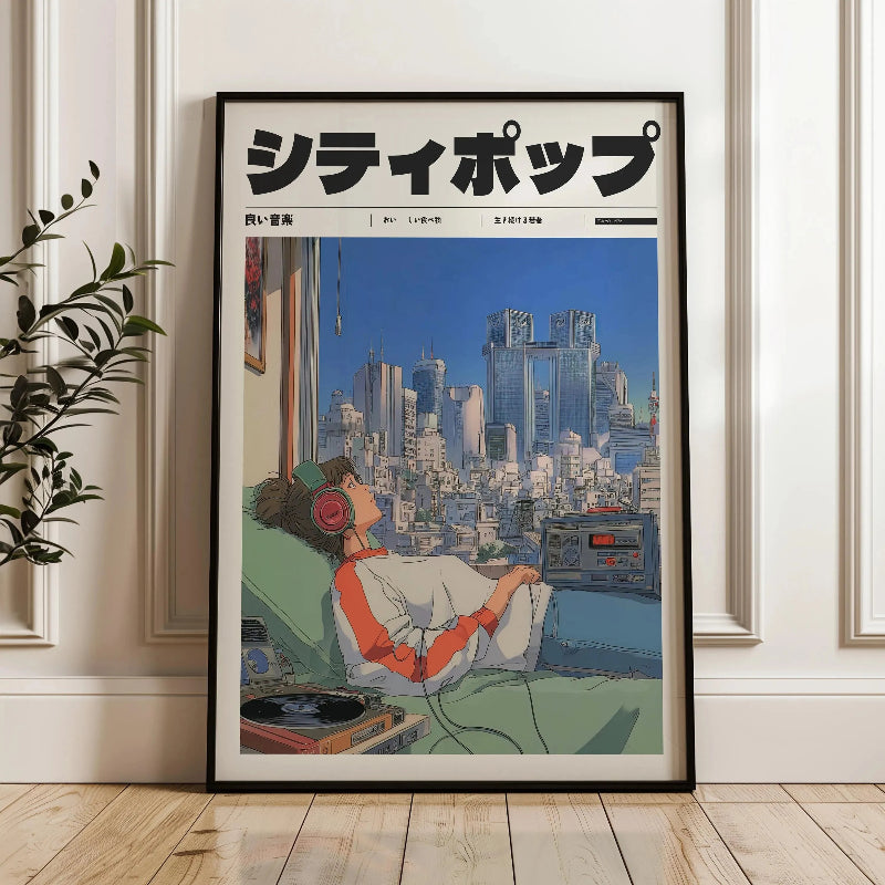 Framed poster of an anime-style illustration of a person listening to music with a cityscape in the background.