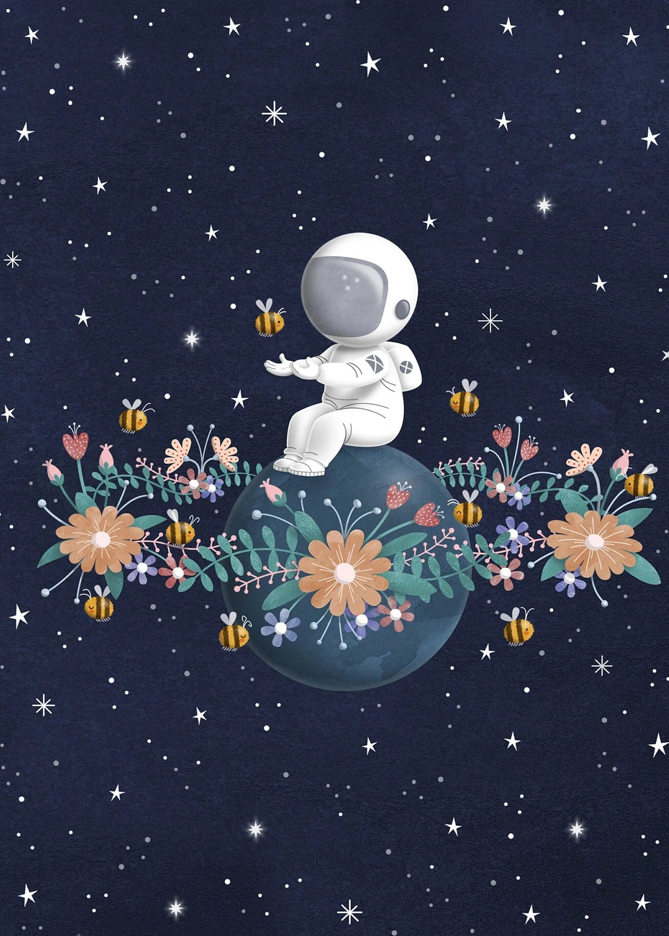Illustration of an astronaut sitting on a planet with flowers and bees against a starry night sky.
