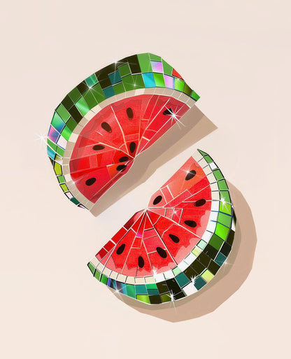 Mosaic watermelon slice art on a beige background