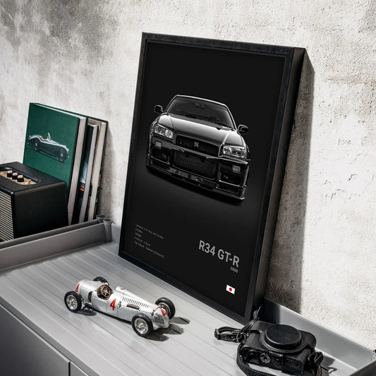 Framed poster of a car on a shelf with a toy car and camera Canvas & Curio