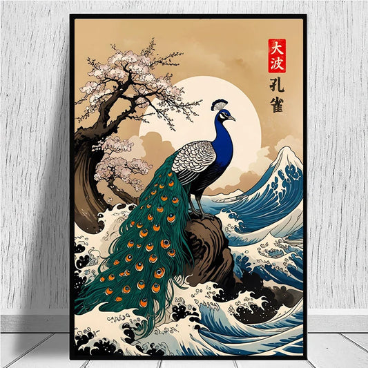 Framed artwork of a peacock on a wave with cherry blossom tree and moon in the background. Canvas & Curio