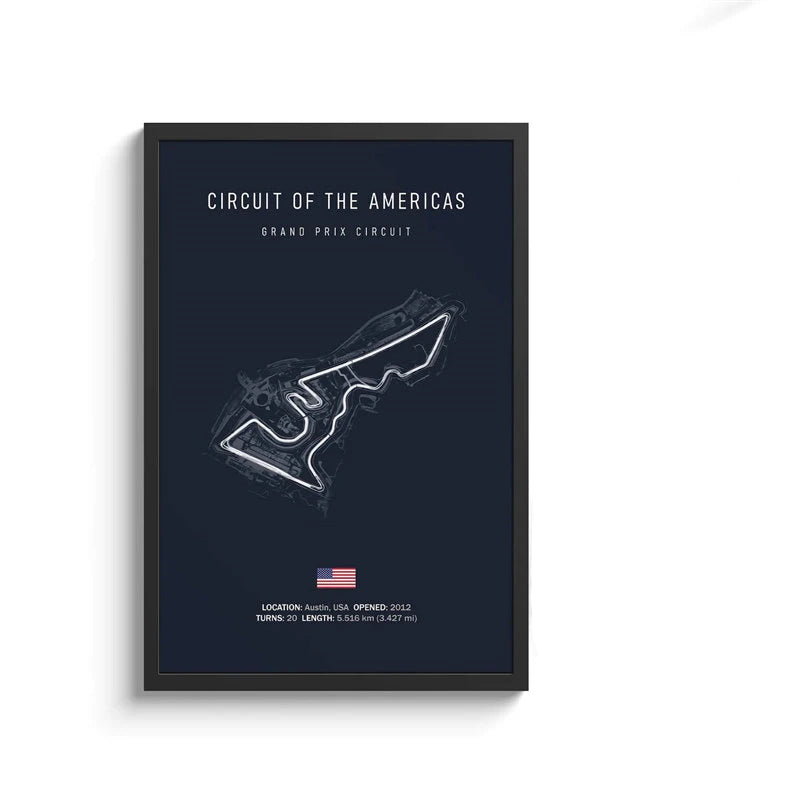 Framed poster of Circuit of the Americas Grand Prix Circuit with a dark blue background and white outline.