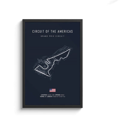 Framed poster of Circuit of the Americas Grand Prix Circuit with a dark blue background and white outline.