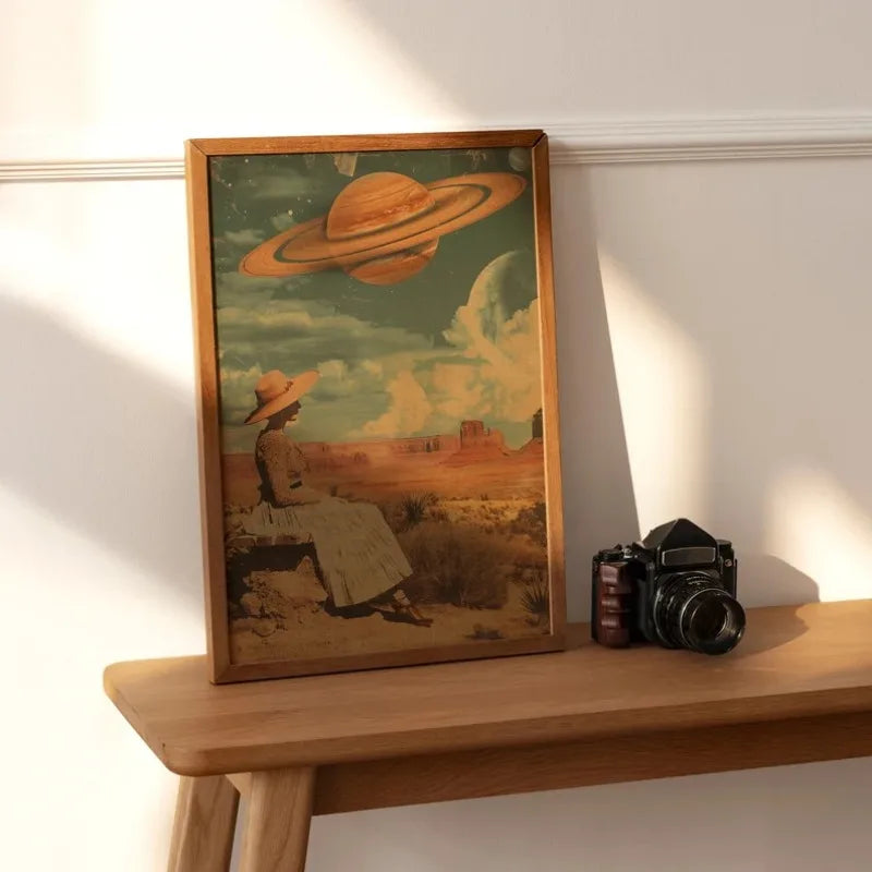 Framed artwork of a person in a desert scene with a large planet above, placed on a wooden surface.