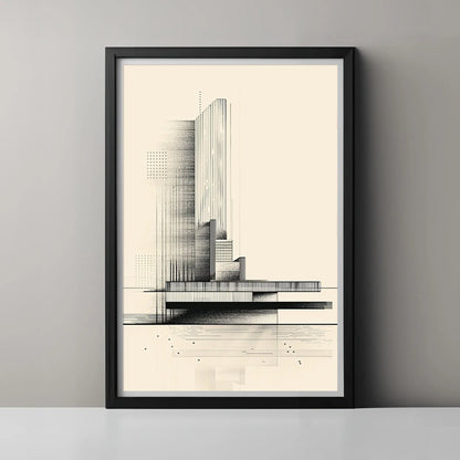 Framed black and white architectural drawing on a gray wall