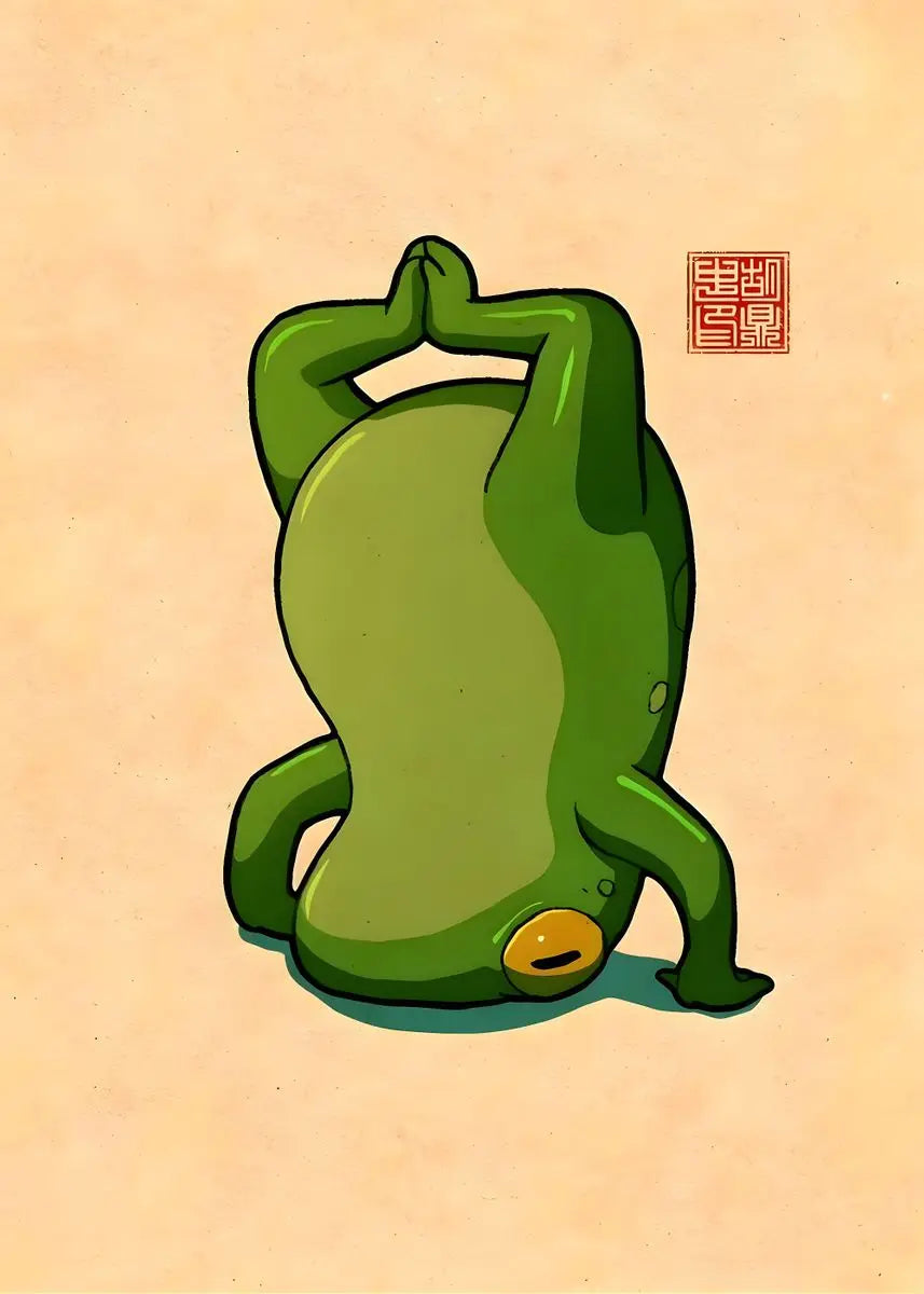 Green abstract figure in a yoga pose on a beige background with a red stamp.