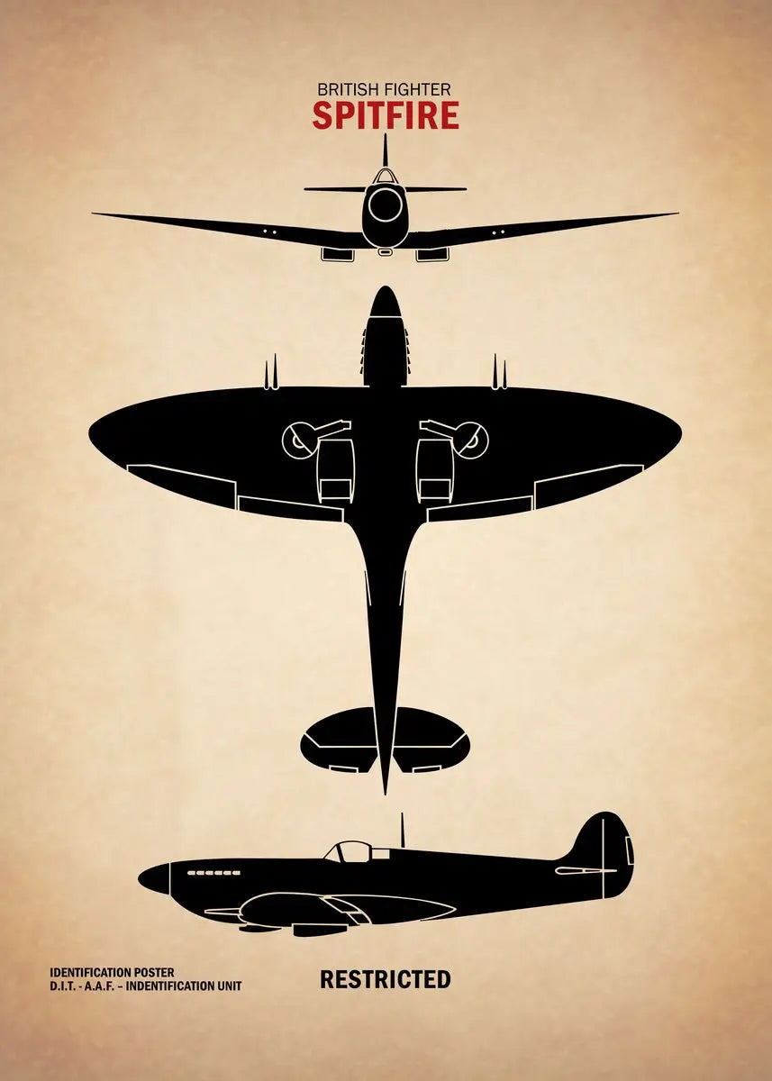 Silhouette of a Spitfire aircraft on a beige background with text