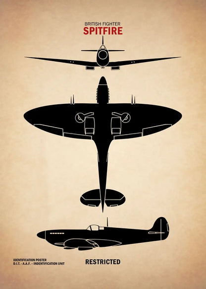 Silhouette of a Spitfire aircraft on a beige background with text