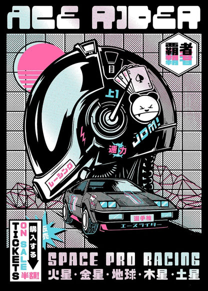 Poster for 'Ace Rider' with a futuristic vehicle and stylized text on a black background.