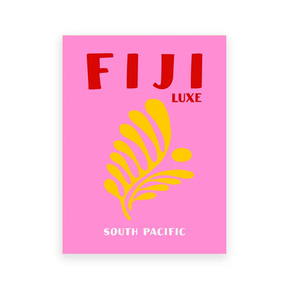 Fiji Luxe travel guide or brochure with a pink cover and yellow leaf design on a white background