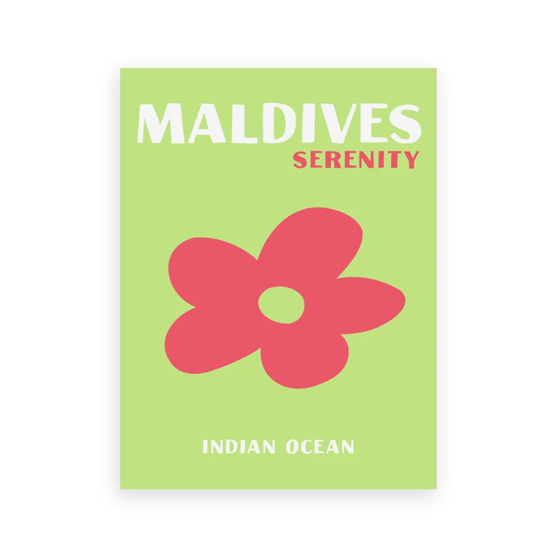 Book cover with a pink flower on a green background, featuring text about the Maldives.