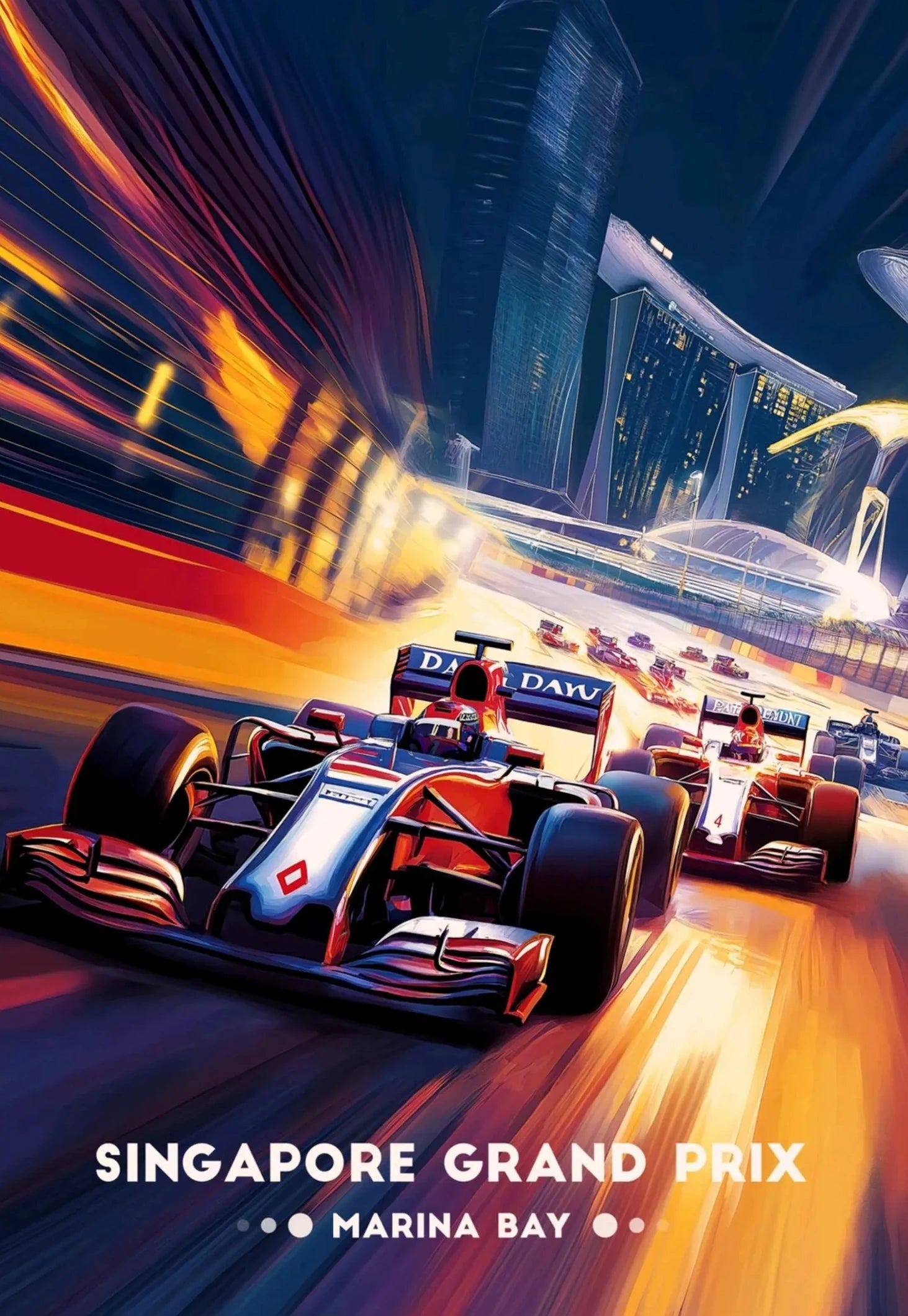 Futuristic Formula 1 car on a racetrack with Singapore skyline in the background