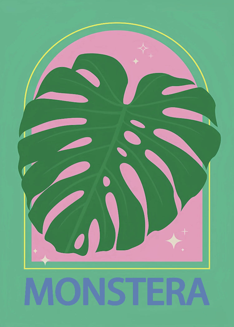 Green monstera leaf design with pink background and 'MONSTERA' text on a green border.
