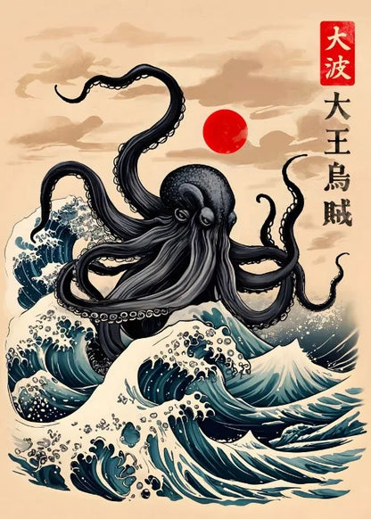 Illustration of an octopus on waves with a red sun and Japanese text in the background