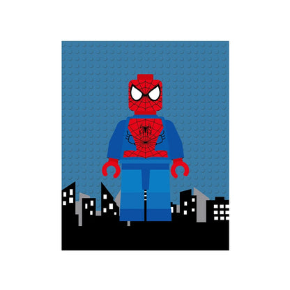 Spider-Man figure on a blue background with a cityscape below