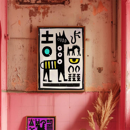 Framed abstract artwork on a textured pink wall with a plant in the foreground.