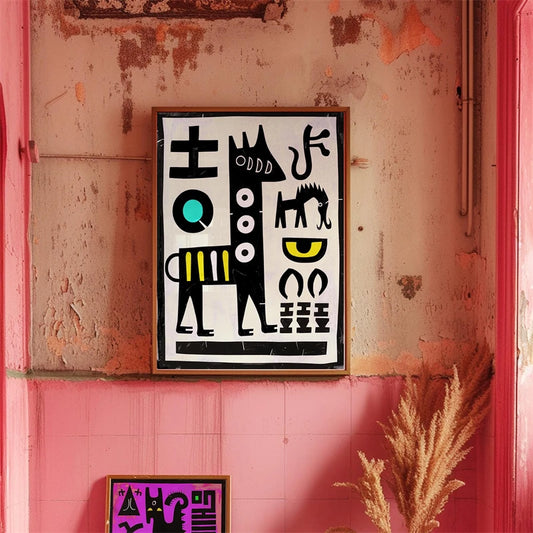 Framed abstract artwork on a textured pink wall with a plant in the foreground. Canvas & Curio