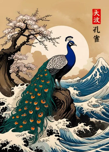 Peacock on a rock with cherry blossoms and waves in the background