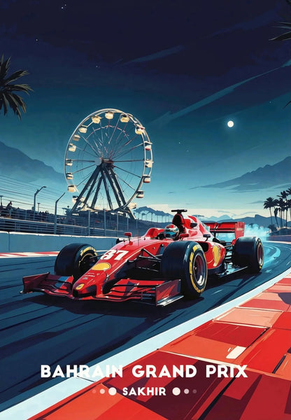 Red Formula 1 car on a race track with a Ferris wheel and mountains in the background, featuring 'Bahrain Grand Prix' text.