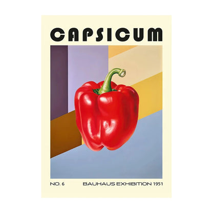 Poster of a red bell pepper with geometric background and 'CAPSICUM' text