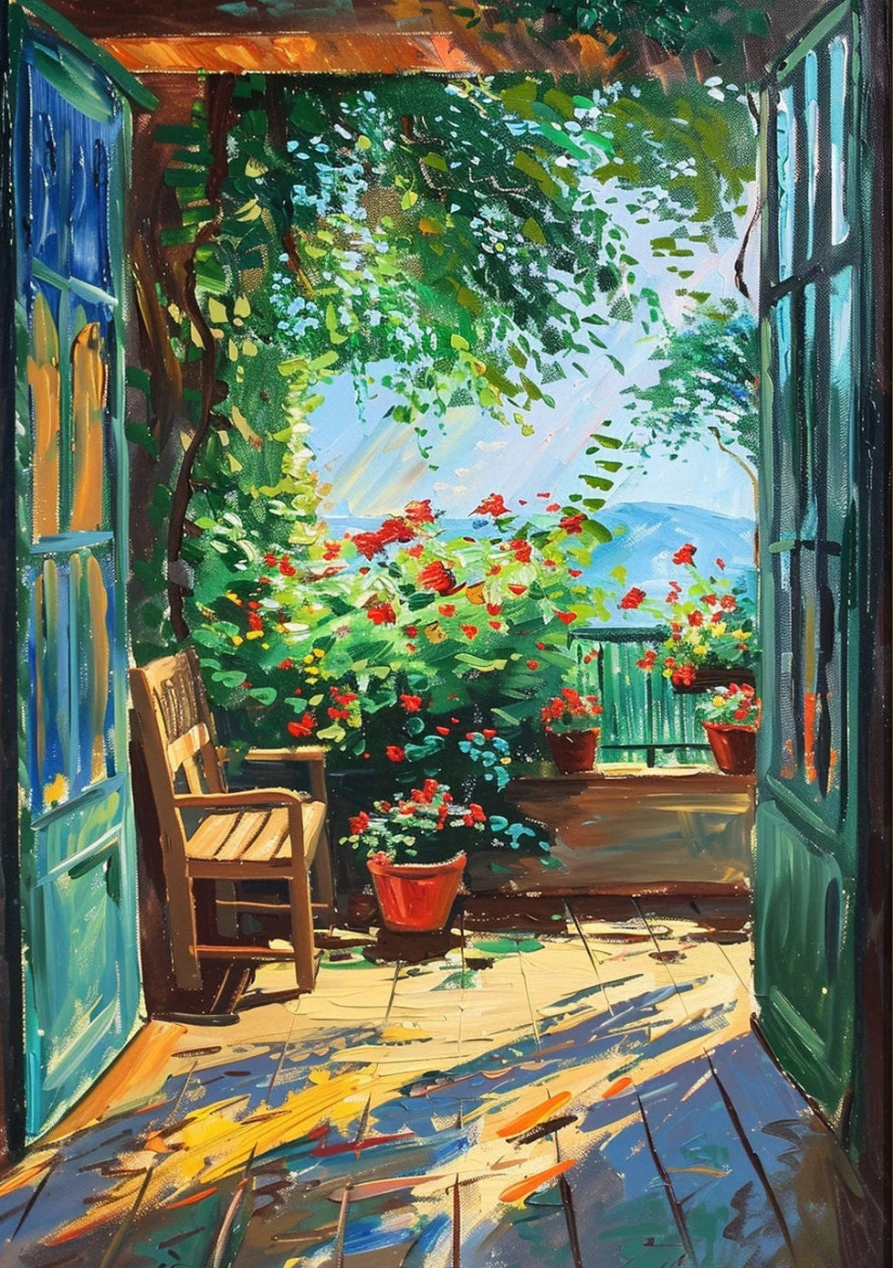 Painting of a sunlit patio with flowers and a bench