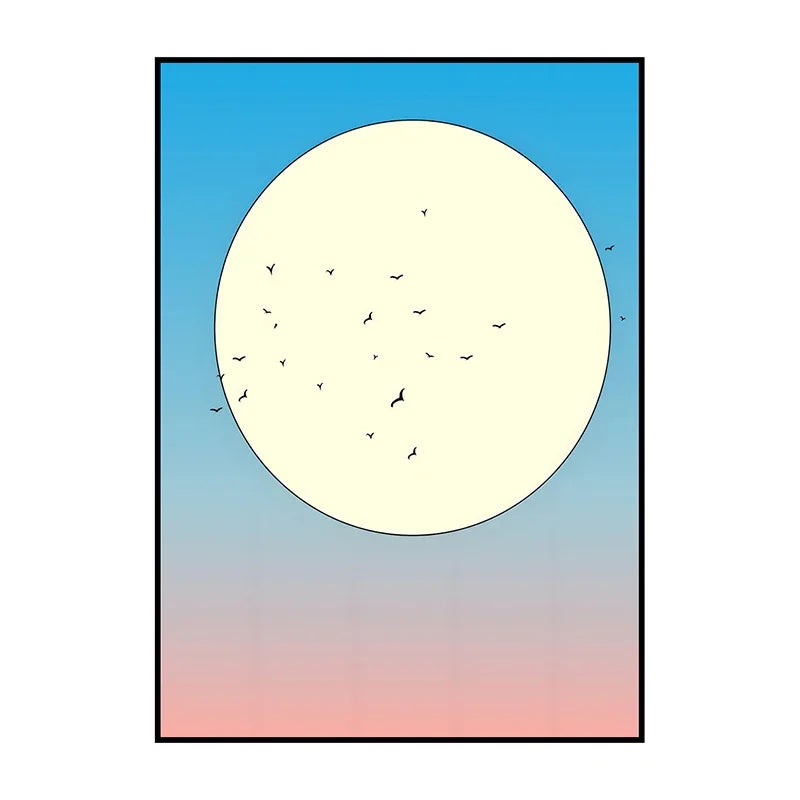 Gradient blue to pink background with a large yellow circle and small black birds.