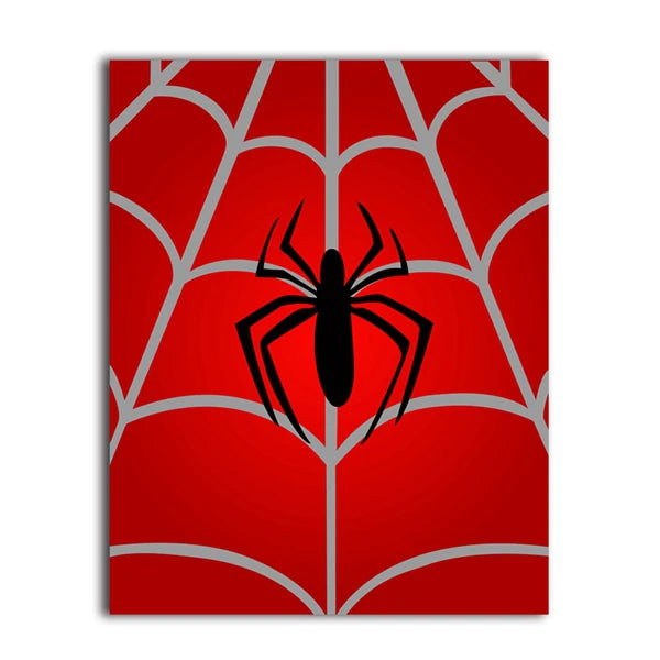 Red canvas with a black spider design on a white background