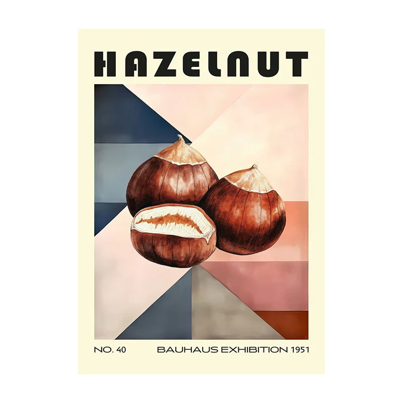 Poster of hazelnuts with geometric design and text 'Hazelnut' and 'Bauhaus Exhibition 1951'.
