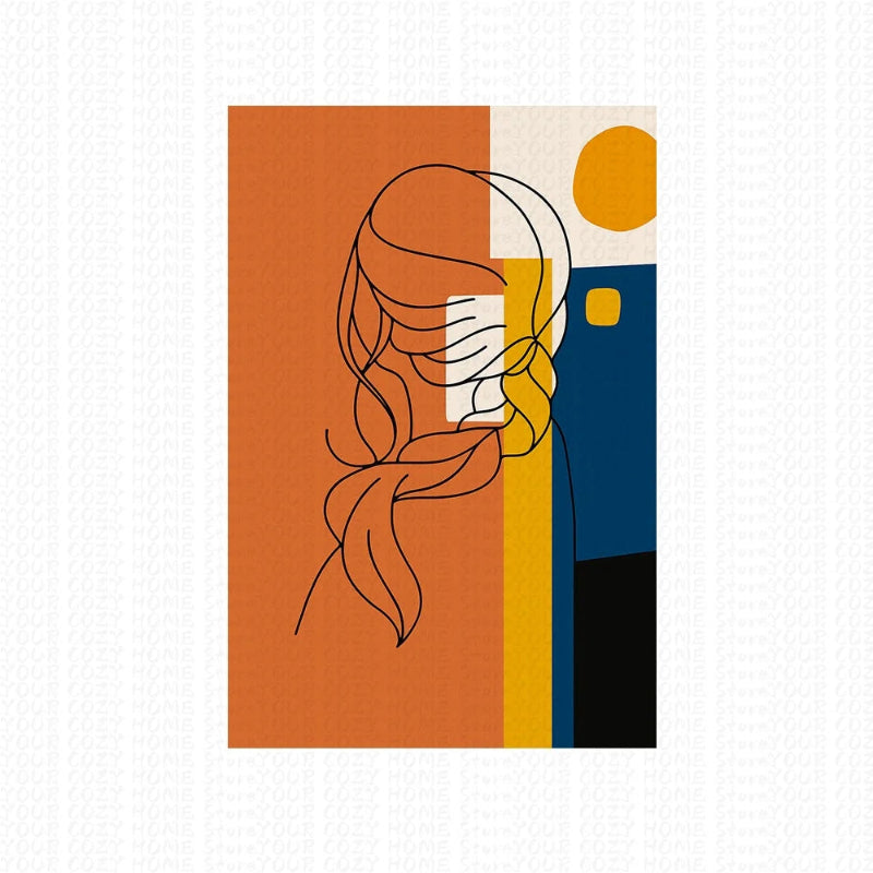 Abstract art print with a stylized face on an orange, white, yellow, and blue background.