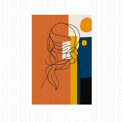 Abstract art print with a stylized face on an orange, white, yellow, and blue background.