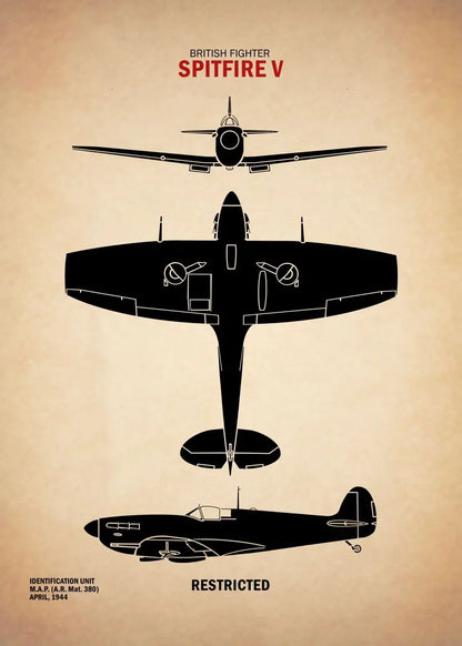 Black silhouette of a Spitfire V aircraft on a beige background