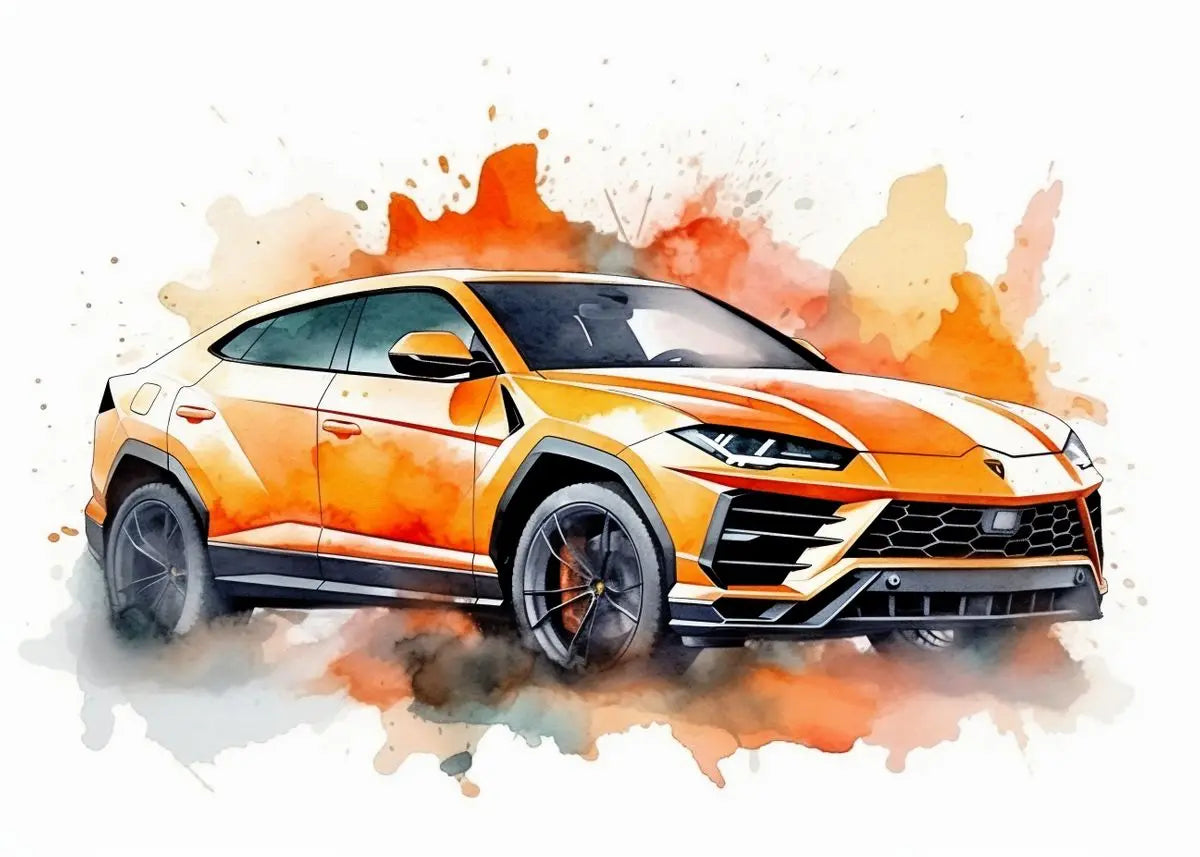 Orange sports car with watercolor effect on a white background
