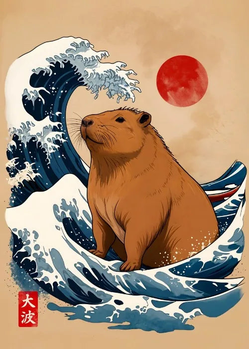 Illustration of a beaver on a wave with a red moon in the background