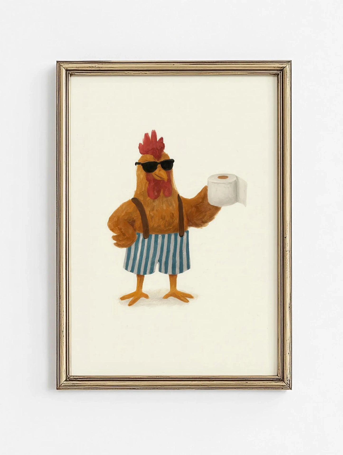 Framed artwork of a rooster holding a roll of toilet paper on a white background