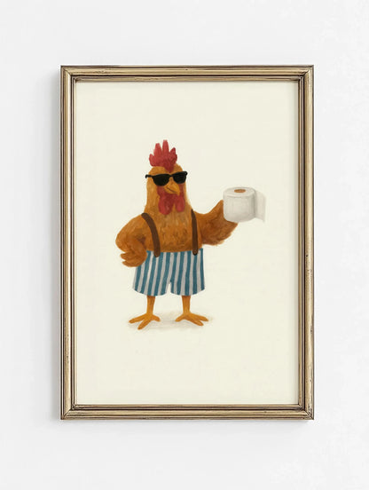 Framed artwork of a rooster holding a roll of toilet paper on a white background