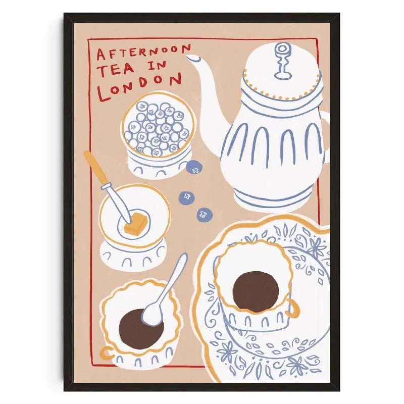 Illustration of a tea set with 'Afternoon Tea in London' text on a beige background