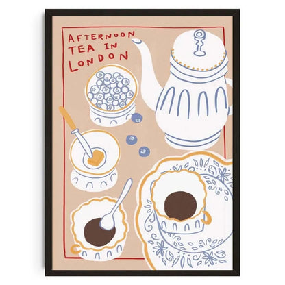 Illustration of a tea set with 'Afternoon Tea in London' text on a beige background