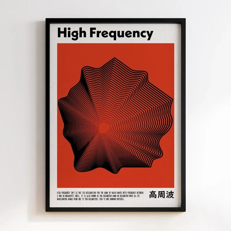 Framed poster with 'High Frequency' design on a red background