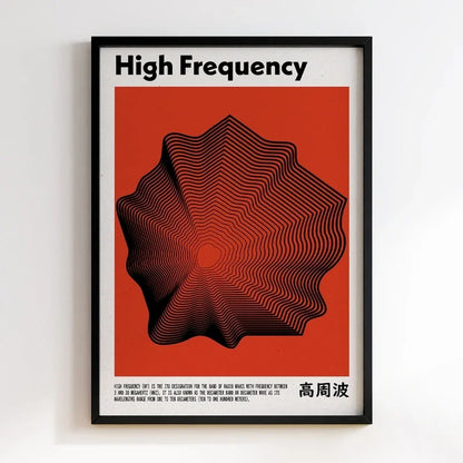 Framed poster with 'High Frequency' design on a red background